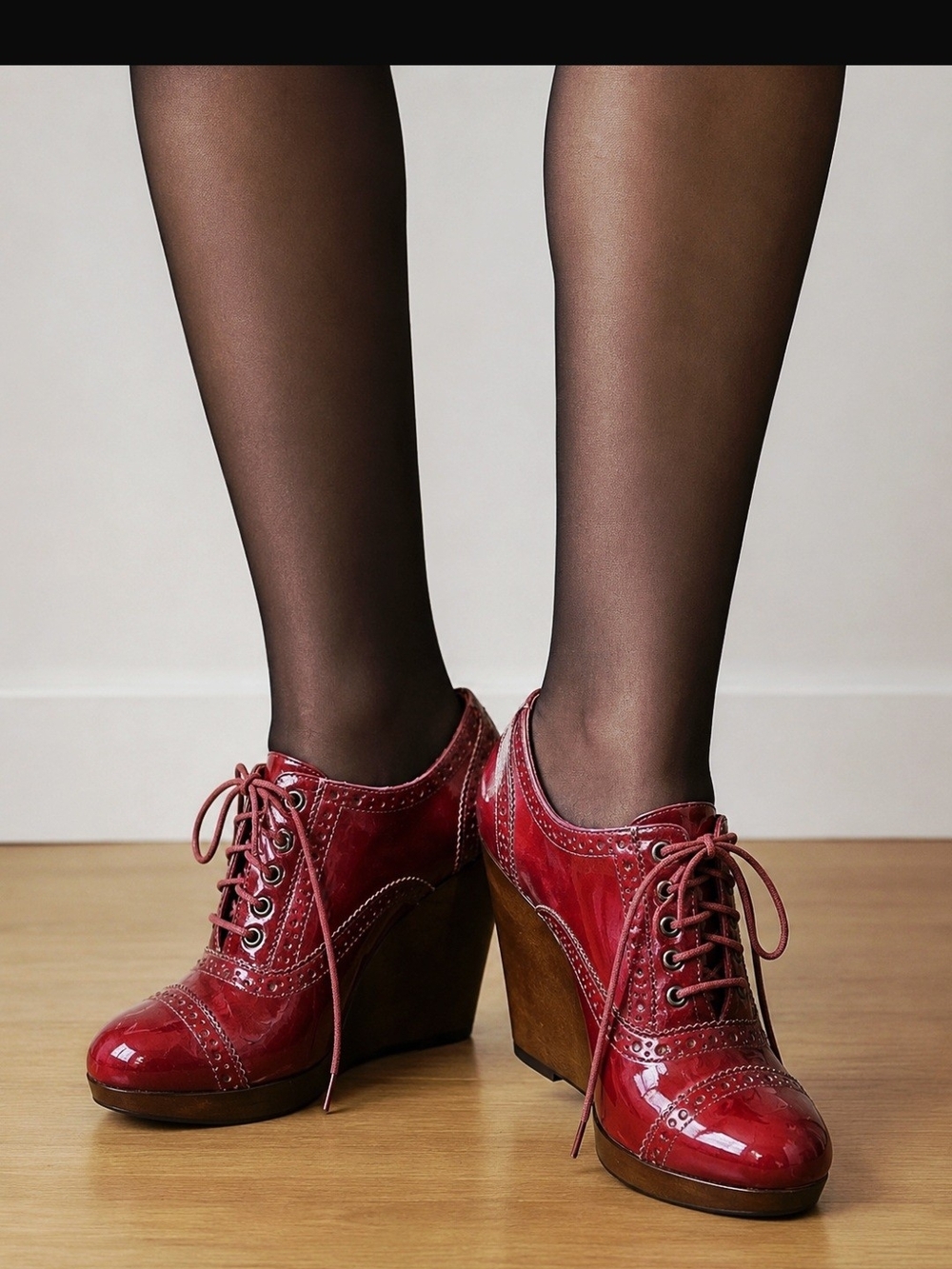 Red Patent Leather Wedge Oxford Heels